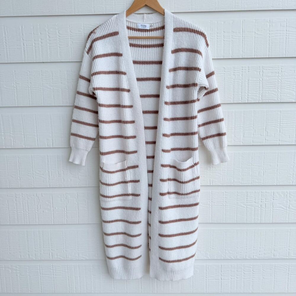 Blu Ivy Long Striped Cardigan Small Ivory Cozy Knit